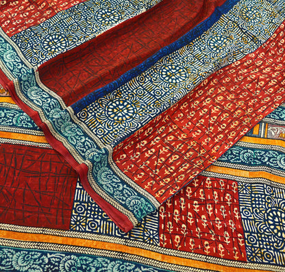 Indian Vintage Sari Multi Pure Crepe Silk Block Printed Saree 5yard Sewing Floral Soft Craft Fabric Wrap