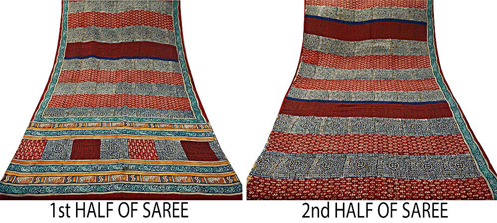 Indian Vintage Sari Multi Pure Crepe Silk Block Printed Saree 5yard Sewing Floral Soft Craft Fabric Wrap