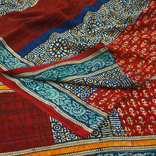 Indian Vintage Sari Multi Pure Crepe Silk Block Printed Saree 5yard Sewing Floral Soft Craft Fabric Wrap