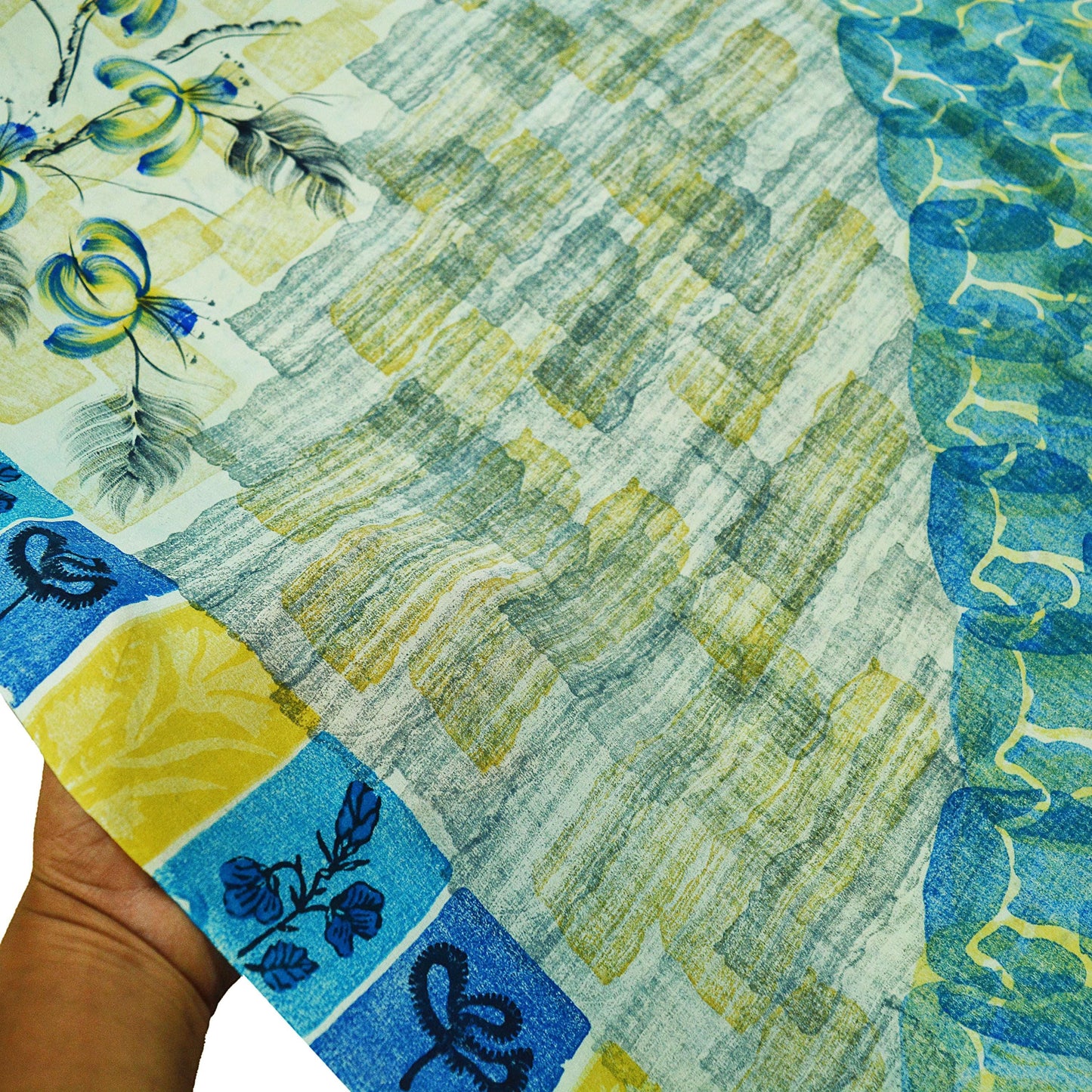 Indian Vintage Sari Ivory & Blue Pure Crepe Silk Printed Saree  5yard Sewing Floral Soft Craft Fabric Wrap