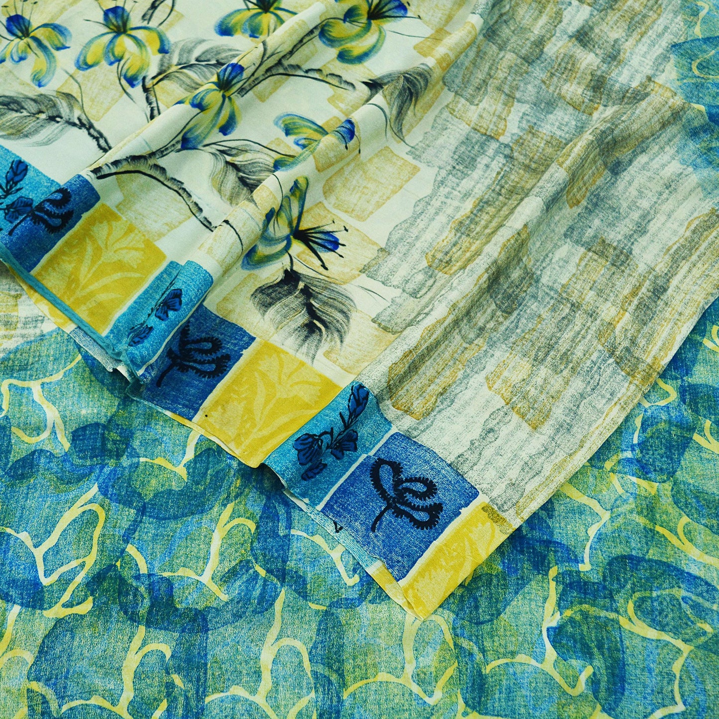 Indian Vintage Sari Ivory & Blue Pure Crepe Silk Printed Saree  5yard Sewing Floral Soft Craft Fabric Wrap