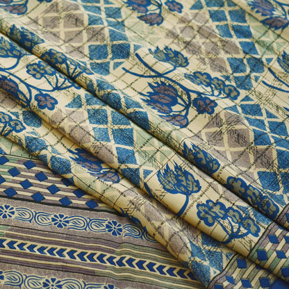 Indian Vintage Sari Ivory & Blue Pure Crepe Silk Printed Sarees 5yard Sewing Floral Soft Craft Fabric Wrap