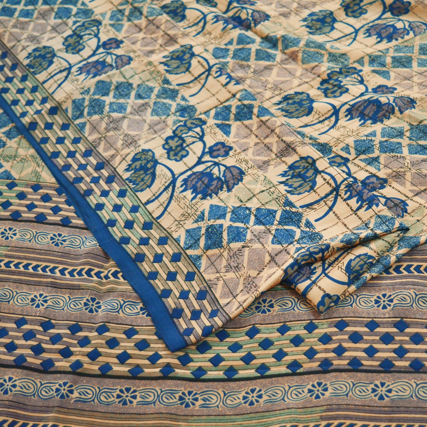 Indian Vintage Sari Ivory & Blue Pure Crepe Silk Printed Sarees 5yard Sewing Floral Soft Craft Fabric Wrap