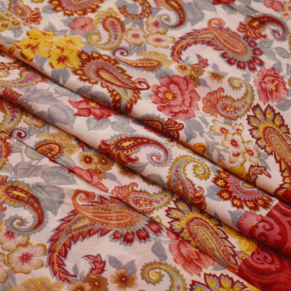 Indian Vintage Sari Red & Ivory Pure Chiffon Silk Saree Craft Fabric Sewing 5Yard Soft Light Sari Dress Making Floral