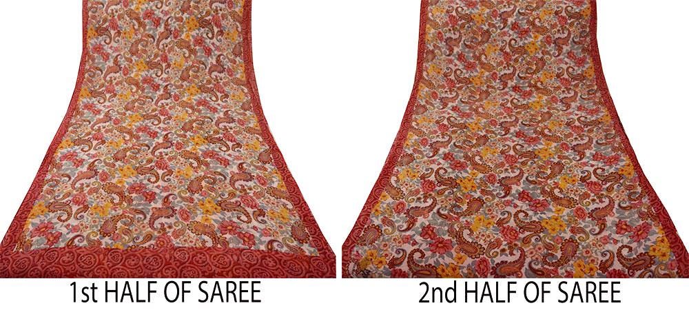 Indian Vintage Sari Red & Ivory Pure Chiffon Silk Saree Craft Fabric Sewing 5Yard Soft Light Sari Dress Making Floral
