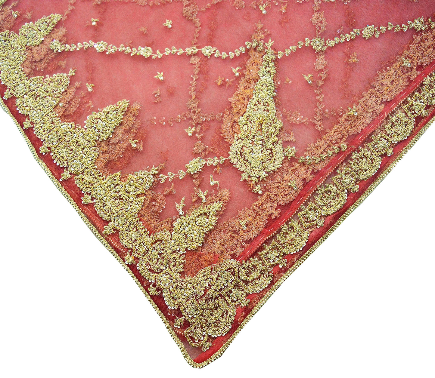 FREE SHIPPING Indian Vintage Heavy Pink Dupatta Net Mesh Long Stole Hand Embroidered Scarves Golden Zardozi Dabka Zari Sequins