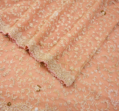 FREE SHIPPING Indian Vintage Heavy Peach Dupatta Net Mesh Long Stole Hand Embroidered Scarf Golden Zardozi Zari Glass Beaded Stole