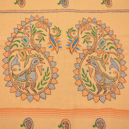 Indian Vintage Sari Peach Pure Cotton Hand Embroidered Saree  Kantha Fabric 6yard Sewing Floral Soft Zari