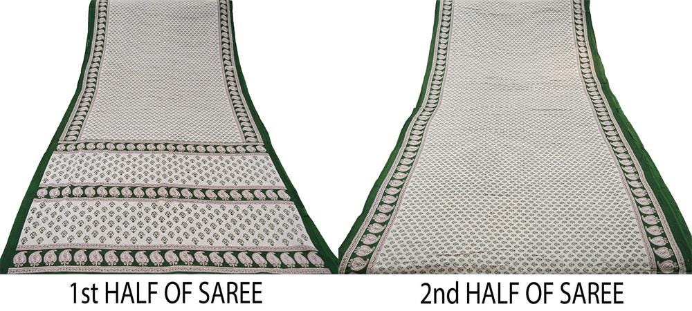 Indian Vintage Sari Gray & Green Printed 100% Pure Cotton Saree Craft Fabric 5Yard Sewing Sarong Wrap Boho Floral