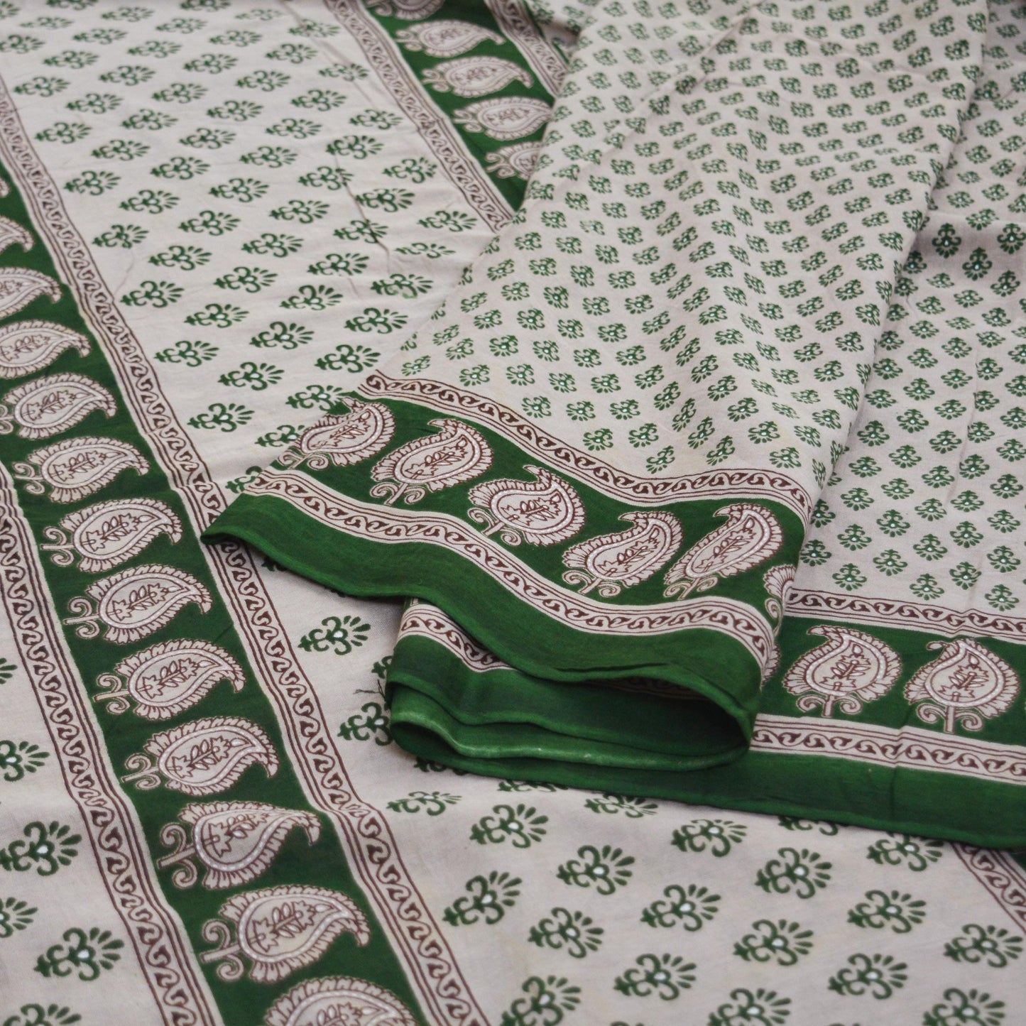 Indian Vintage Sari Gray & Green Printed 100% Pure Cotton Saree Craft Fabric 5Yard Sewing Sarong Wrap Boho Floral