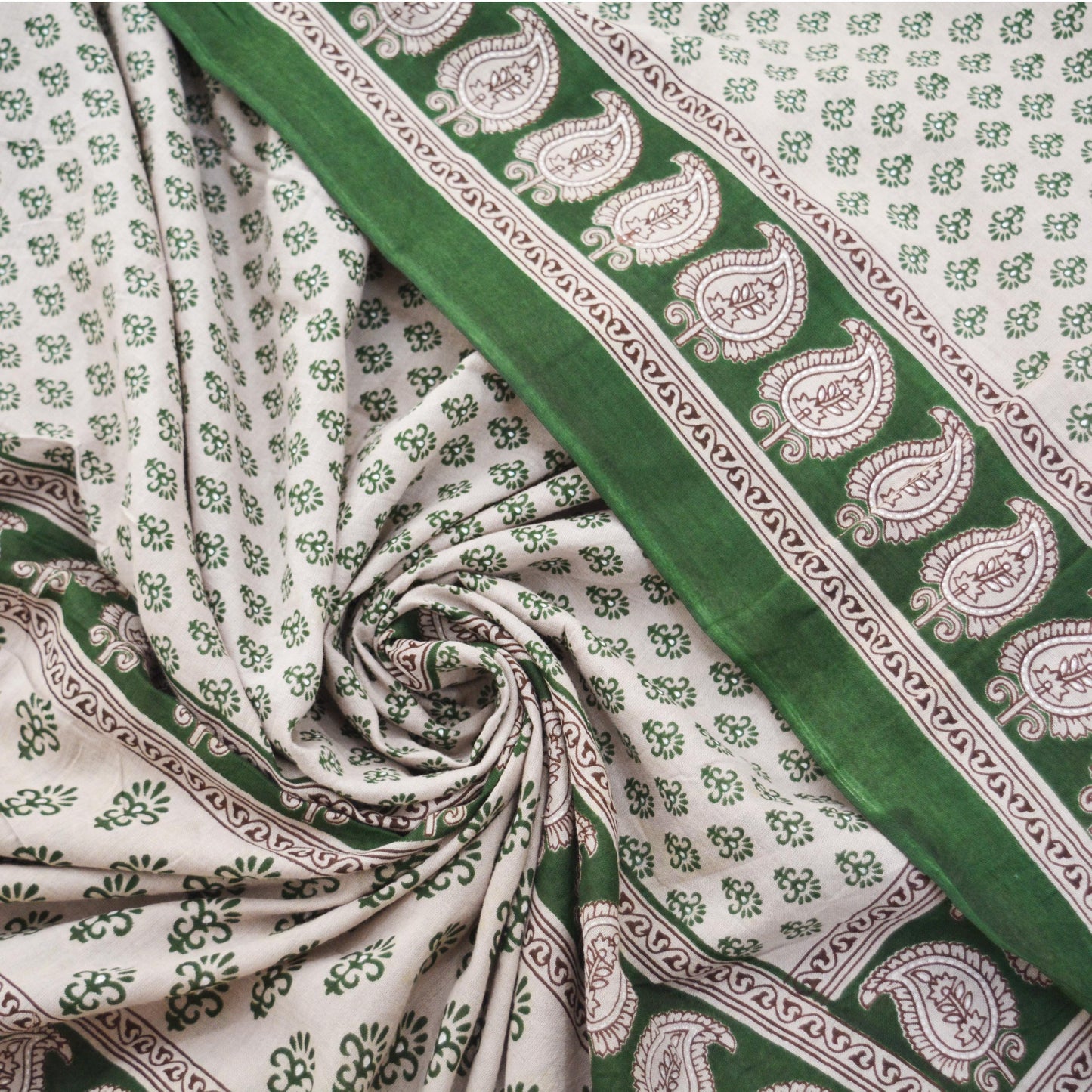 Indian Vintage Sari Gray & Green Printed 100% Pure Cotton Saree Craft Fabric 5Yard Sewing Sarong Wrap Boho Floral