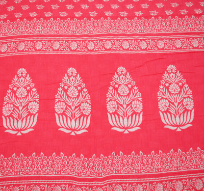 Indian Vintage Sari White & Pink Printed Pure Cotton Saree Craft Soft Fabric 5Yard Sewing Sarong Wrap Boho Floral