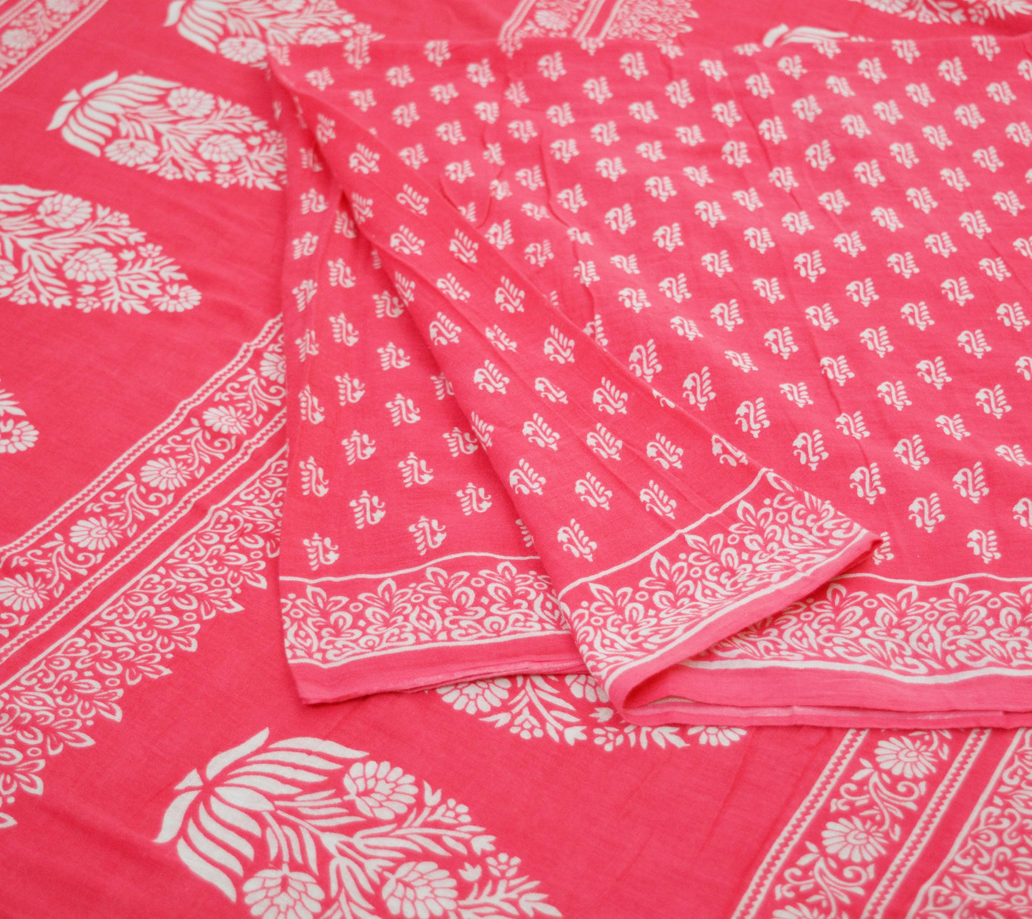 Indian Vintage Sari White & Pink Printed Pure Cotton Saree Craft Soft Fabric 5Yard Sewing Sarong Wrap Boho Floral