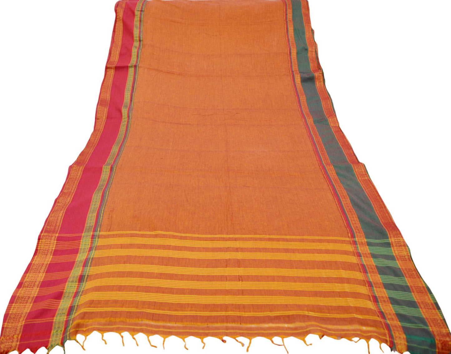 Vintage Sari Saffron Pure Cotton Hand Woven Saree Golden Zari 6Yard Soft Floral Golden Zari