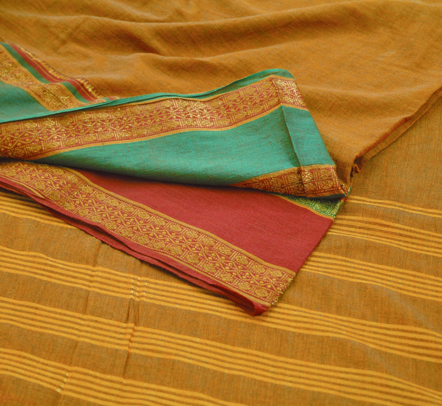 Vintage Sari Saffron Pure Cotton Hand Woven Saree Golden Zari 6Yard Soft Floral Golden Zari