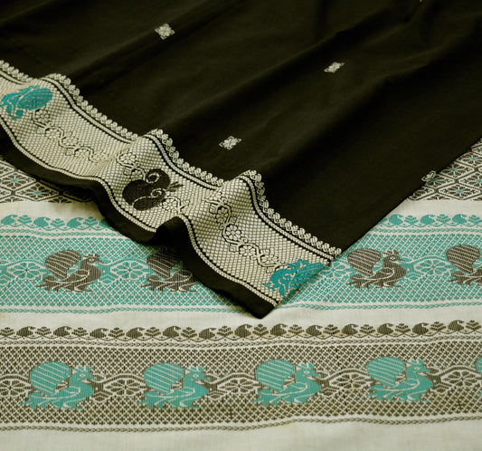 Indian Vintage Sari Black Pure Cotton Hand Woven Baluchari  Saree 5yard Ethnic Lady Design
