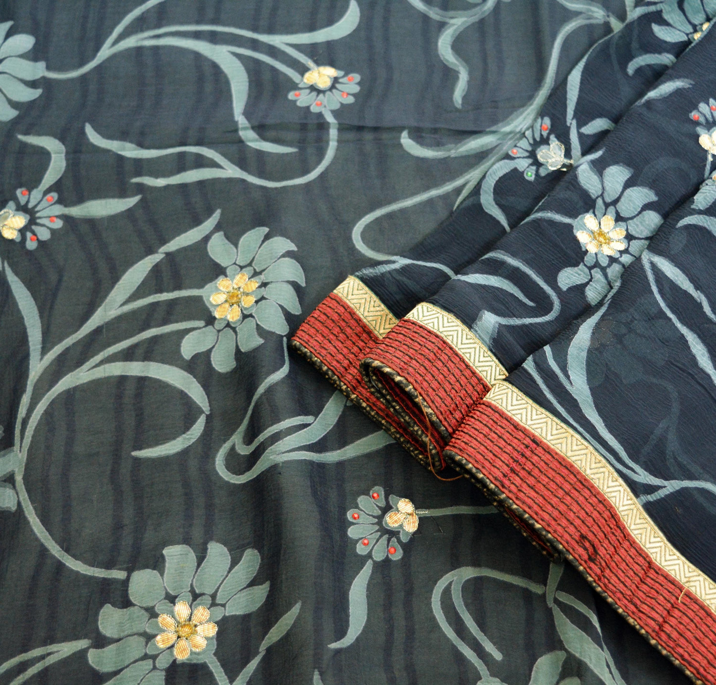 Indian Vintage Sari Blue & Gray Pure Chiffon Silk Printed Gota Patti Sarees Fabric Indian Sari 5Yd Dress Making Sewing