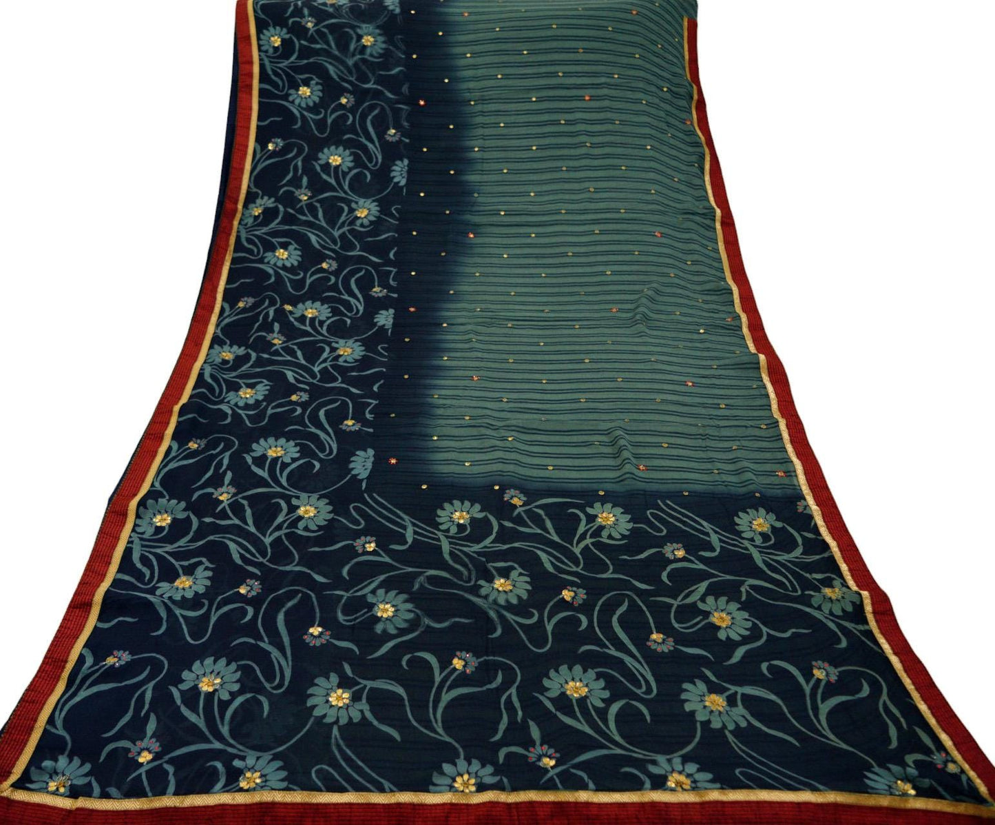 Indian Vintage Sari Blue & Gray Pure Chiffon Silk Printed Gota Patti Sarees Fabric Indian Sari 5Yd Dress Making Sewing