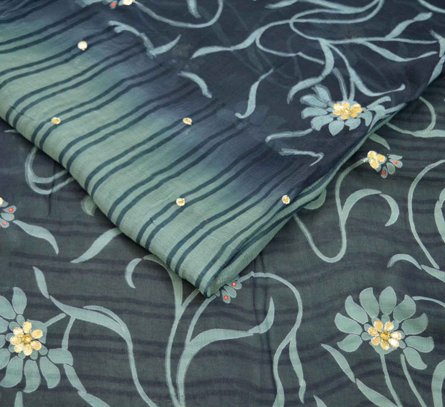 Indian Vintage Sari Blue & Gray Pure Chiffon Silk Printed Gota Patti Sarees Fabric Indian Sari 5Yd Dress Making Sewing