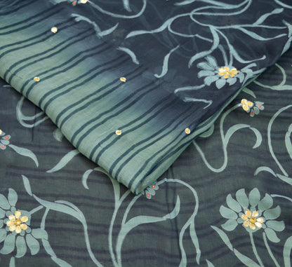 Indian Vintage Sari Blue & Gray Pure Chiffon Silk Printed Gota Patti Sarees Fabric Indian Sari 5Yd Dress Making Sewing