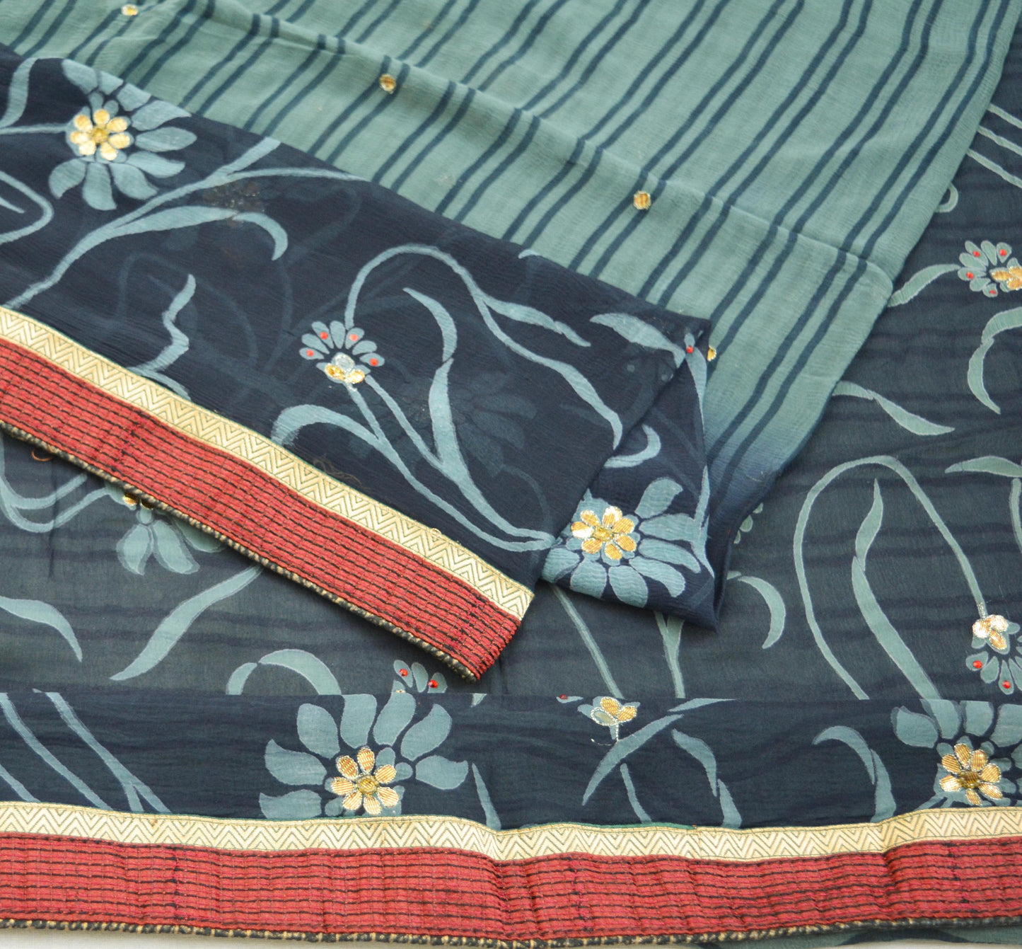 Indian Vintage Sari Blue & Gray Pure Chiffon Silk Printed Gota Patti Sarees Fabric Indian Sari 5Yd Dress Making Sewing