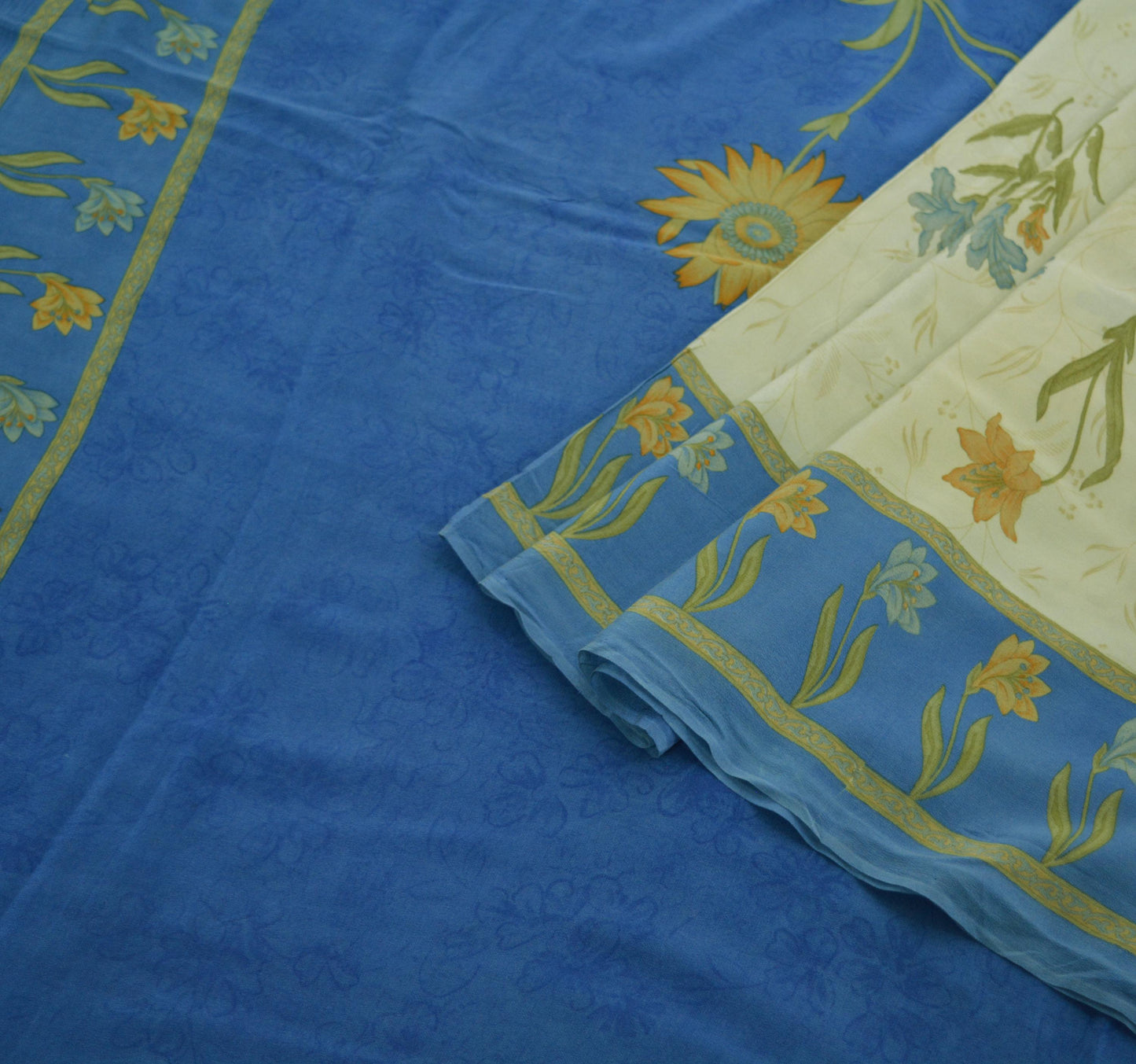 Indian Vintage Sari Blue & Cream Pure Crepe Silk Printed Saree 5yard Sewing Floral Soft Craft Fabric Wrap