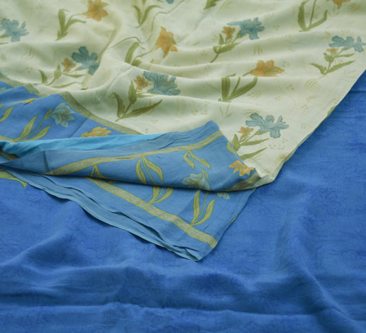 Indian Vintage Sari Blue & Cream Pure Crepe Silk Printed Saree 5yard Sewing Floral Soft Craft Fabric Wrap