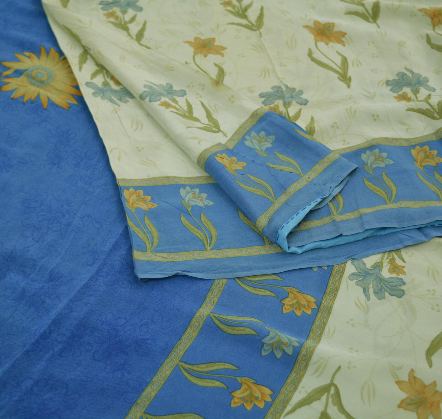 Indian Vintage Sari Blue & Cream Pure Crepe Silk Printed Saree 5yard Sewing Floral Soft Craft Fabric Wrap