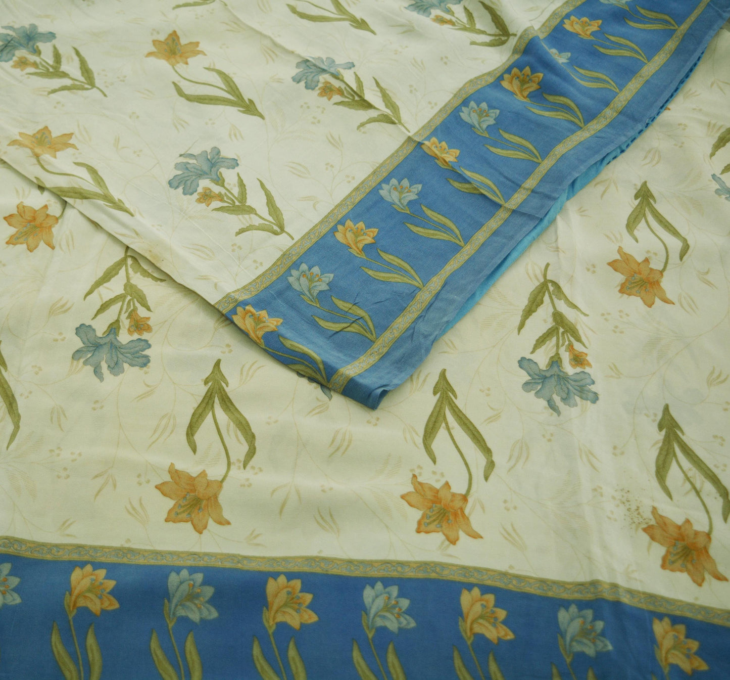 Indian Vintage Sari Blue & Cream Pure Crepe Silk Printed Saree 5yard Sewing Floral Soft Craft Fabric Wrap