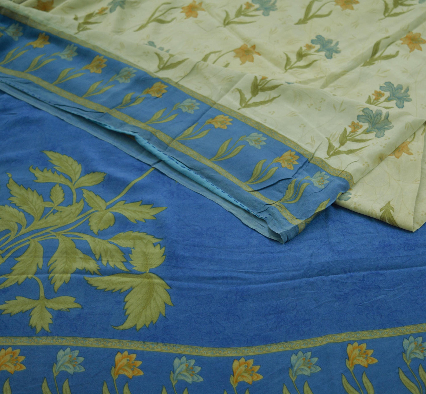 Indian Vintage Sari Blue & Cream Pure Crepe Silk Printed Saree 5yard Sewing Floral Soft Craft Fabric Wrap