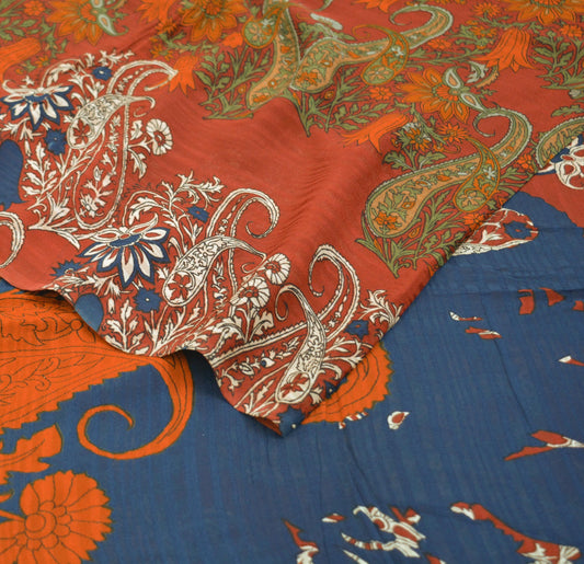 Indian Vintage Sari Saffron & Blue Pure Crepe Silk Printed Saree 5yard Sewing Soft Craft Fabric Ethnic Wrap