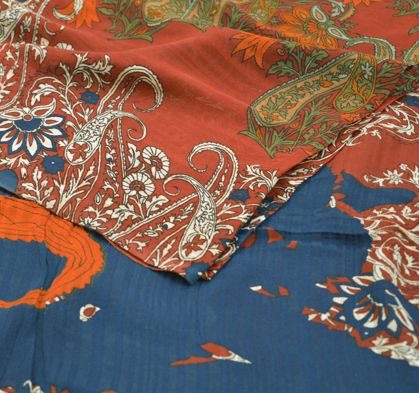 Indian Vintage Sari Saffron & Blue Pure Crepe Silk Printed Saree 5yard Sewing Soft Craft Fabric Ethnic Wrap