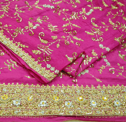 Indian Women Vintage Heavy Pink Dupatta Pure silk Long Stole Hand Embroidered Hijab Scarves Veil Wrap Zardozi Dabka