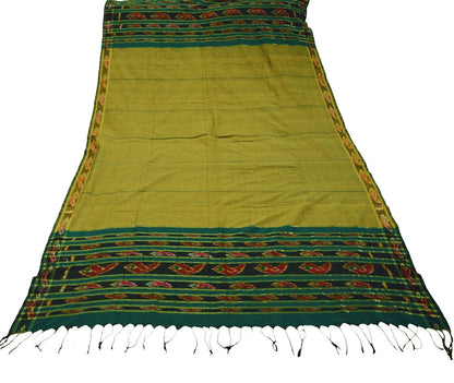 Indian Vintage Green & Saffron Dupatta Long Stole Hand woven Sambalpuri Ikat Hijab Pure Cotton Indian Scarves Veil Fringes