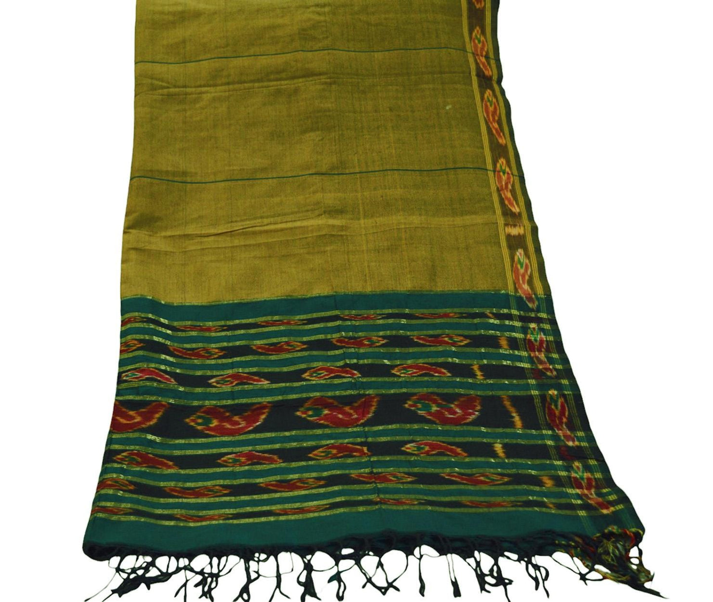 Indian Vintage Green & Saffron Dupatta Long Stole Hand woven Sambalpuri Ikat Hijab Pure Cotton Indian Scarves Veil Fringes