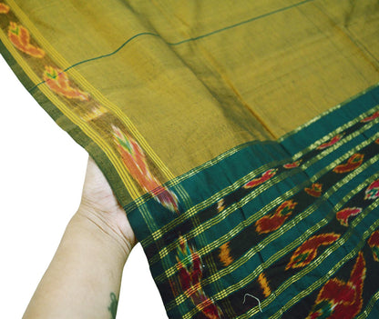 Indian Vintage Green & Saffron Dupatta Long Stole Hand woven Sambalpuri Ikat Hijab Pure Cotton Indian Scarves Veil Fringes