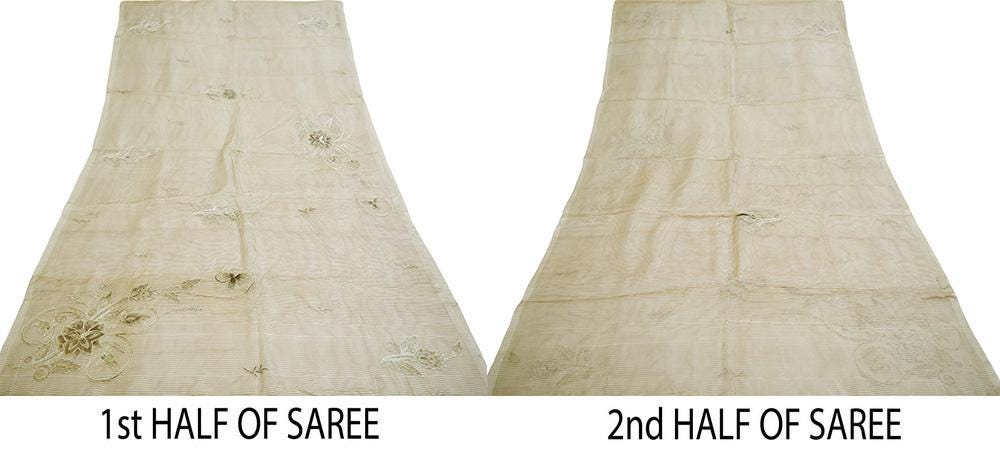 Indian Vintage Beige Heavy Saree Hand Embroidered Pure Organza Silk Indian Sari Fabric 5Yard Ethnic Floral Zardozi Dabka