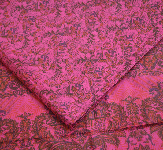 Vintage Sari Rani Pink 100% Pure Silk Printed Sarees Fabric 6yard Sewing Paisley Soft Dress Designing for Crafting