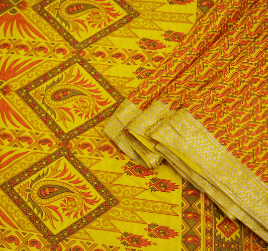 Indian Vintage Sari Yellow Pure Silk Printed Saree 6yd Sewing Craft Fabric DressMaking Soft