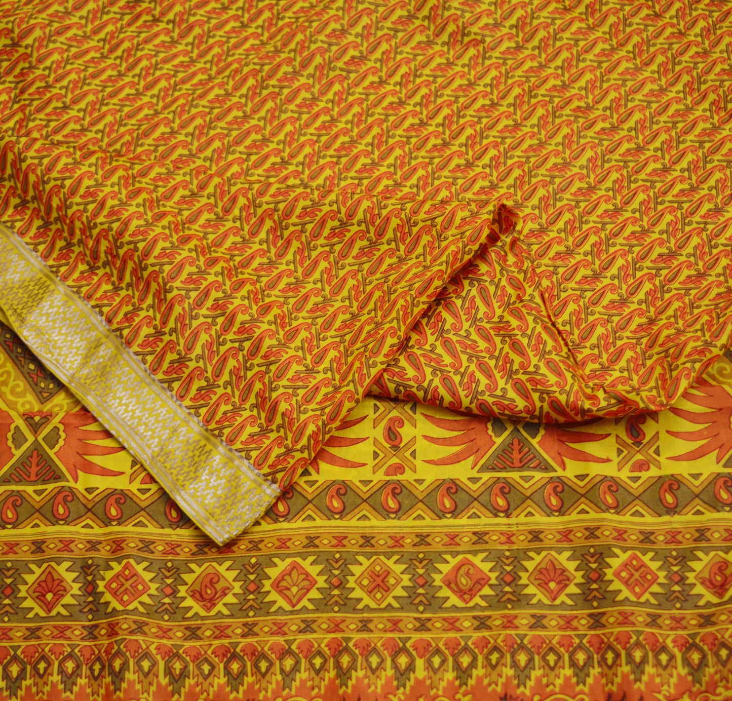 Indian Vintage Sari Yellow Pure Silk Printed Saree 6yd Sewing Craft Fabric DressMaking Soft