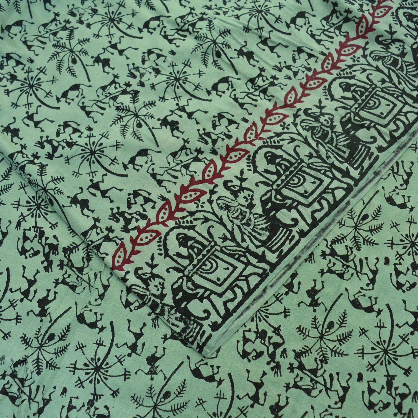 Indian Vintage Sari Green Pure Cotton Warli Print Saree 5Yd Craft Fabric Soft Sewing Sarong Wrap Boho Quilting Crafting Used Upcycle Dress