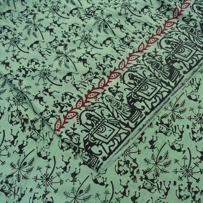 Indian Vintage Sari Green Pure Cotton Warli Print Saree 5Yd Craft Fabric Soft Sewing Sarong Wrap Boho Quilting Crafting Used Upcycle Dress