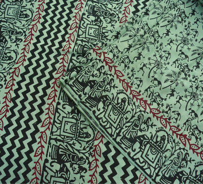 Indian Vintage Sari Green Pure Cotton Warli Print Saree 5Yd Craft Fabric Soft Sewing Sarong Wrap Boho Quilting Crafting Used Upcycle Dress