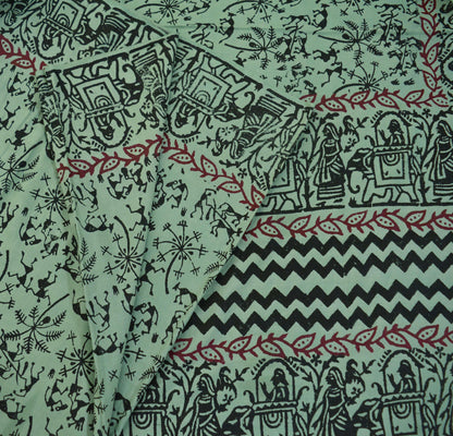 Indian Vintage Sari Green Pure Cotton Warli Print Saree 5Yd Craft Fabric Soft Sewing Sarong Wrap Boho Quilting Crafting Used Upcycle Dress