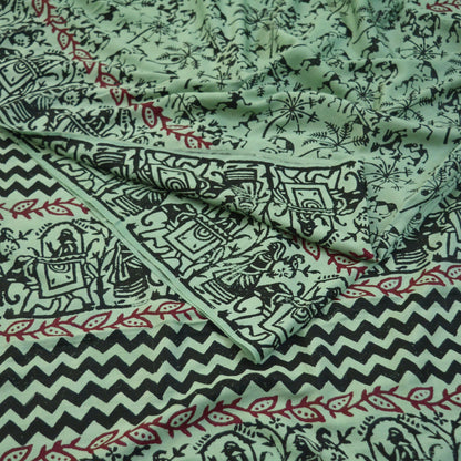 Indian Vintage Sari Green Pure Cotton Warli Print Saree 5Yd Craft Fabric Soft Sewing Sarong Wrap Boho Quilting Crafting Used Upcycle Dress