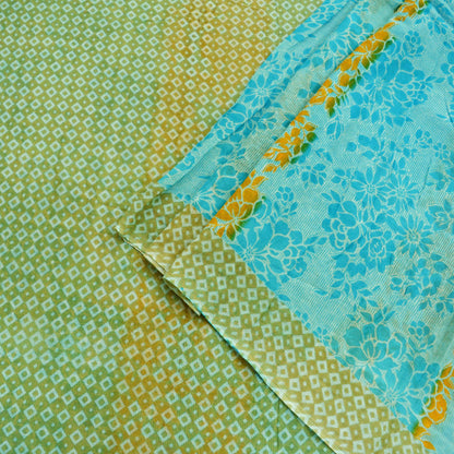 Indian Vintage Sari Blue & Green Pure Cotton Printed Sarees Craft Fabric 5Yd Soft Sewing Sarong Wrap Boho Floral Quilting Upcycle Crafting