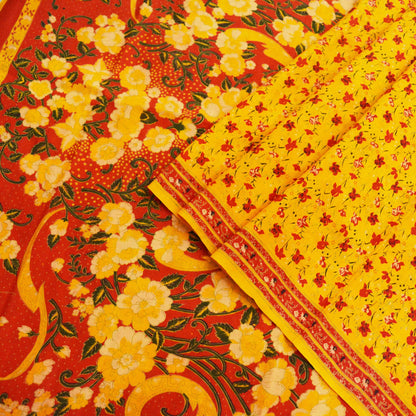 Indian Vintage Sari Saffron & Red 100% Pure Silk Printed Sarees 6yd Sewing Craft Fabric DressMaking Soft Floral Quilting Crafting Upcycle