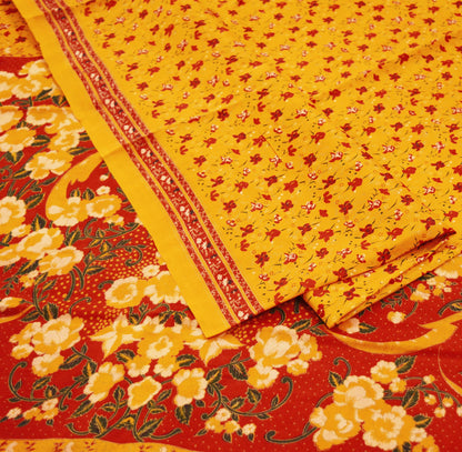 Indian Vintage Sari Saffron & Red 100% Pure Silk Printed Sarees 6yd Sewing Craft Fabric DressMaking Soft Floral Quilting Crafting Upcycle