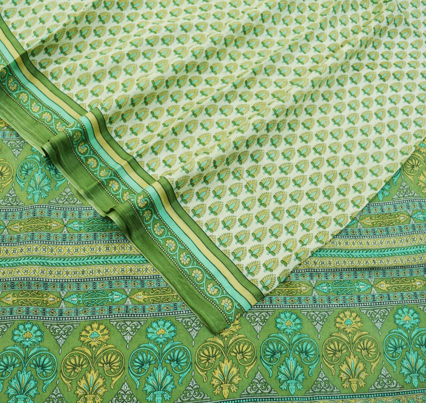 Indian Vintage Sari Ivory & Green Pure Silk Printed Sarees 5yd Sewing Craft Fabric DressMaking Soft Floral Quilting Crafting Upcycle Wrap