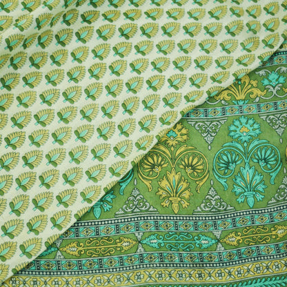 Indian Vintage Sari Ivory & Green Pure Silk Printed Sarees 5yd Sewing Craft Fabric DressMaking Soft Floral Quilting Crafting Upcycle Wrap